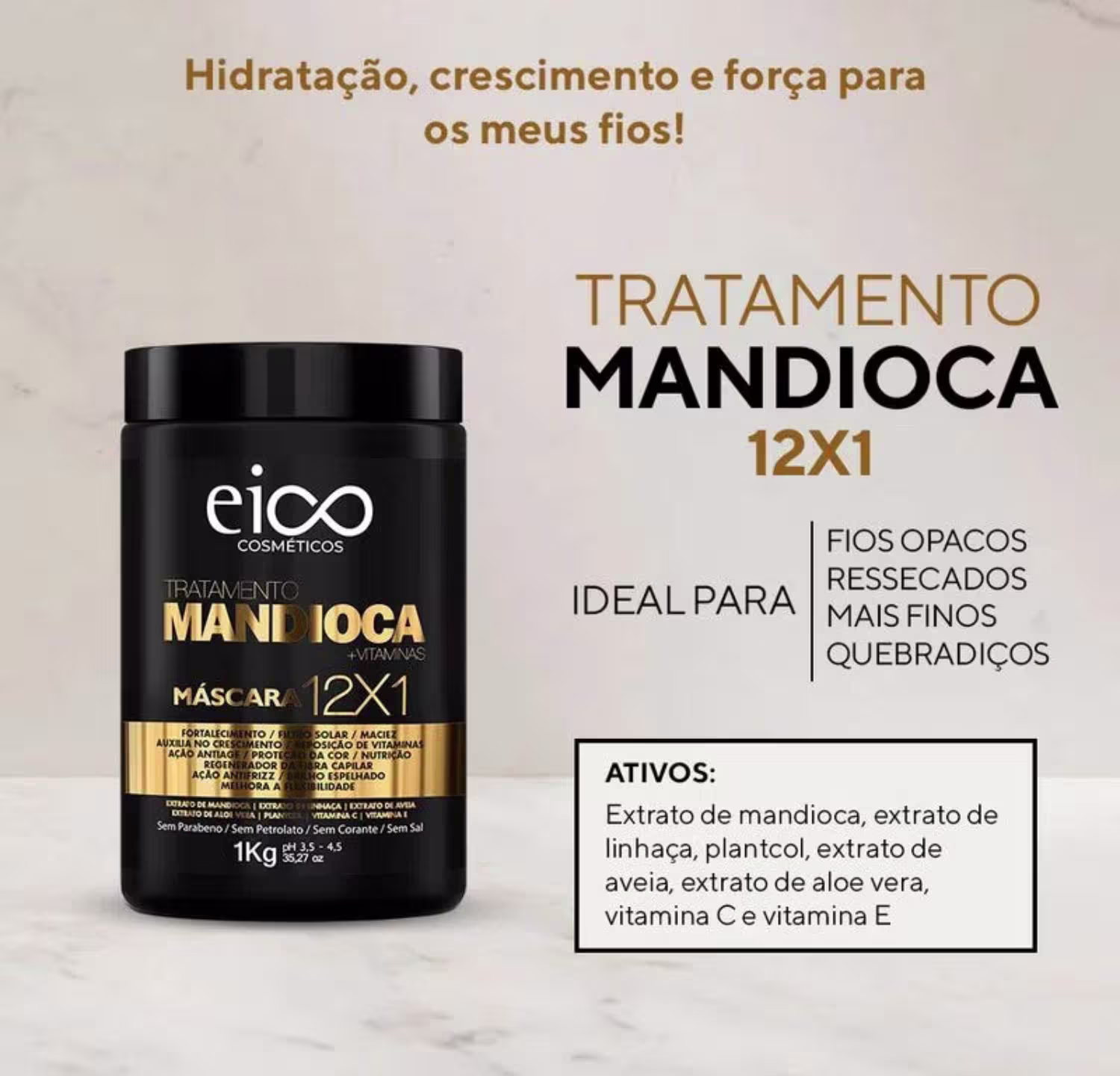 Máscara Capilar Eico Tratamento Mandioca + Vitaminas, 1kg.