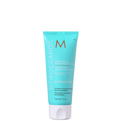 Tubo de máscara hidratante leve da Moroccanoil, com embalagem azul-turquesa e laranja, contendo 75 ml do produto. O rótulo destaca os benefícios de hidratação e condicionamento para cabelos secos e finos.