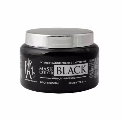 Máscara intensificadora de cor preta para cabelos em embalagem plástica preta e prata. Rótulo com o nome "Mask Color Black" e descrição "Intensificador preto e castanhos, nutrição profunda". Peso de 500g indicado na embalagem.