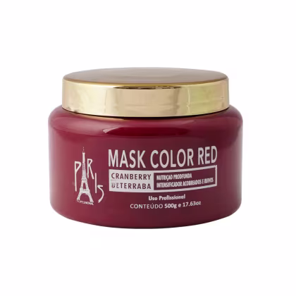 Produto de máscara capilar cor vermelha da linha Professional Paris Cosmetics. Embalagem em pote plástico vermelho com tampa dourada. Rótulo com texto "MASK COLOR RED CRANBERRY" e logo da marca com a Torre Eiffel.
