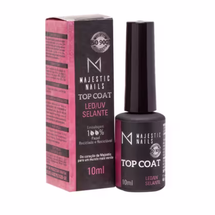Frasco de 10ml de Top Coat LED/UV Selante da marca Majestic Nails, com embalagem em caixa preta e rosa. O produto é descrito como um selante para unhas, com certificação ISO 9001.