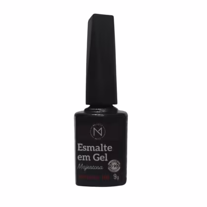 Esmalte em gel da marca Majestic Nails, na cor vermelha 100, em frasco preto com rótulo em preto e branco, contendo 9g do produto.