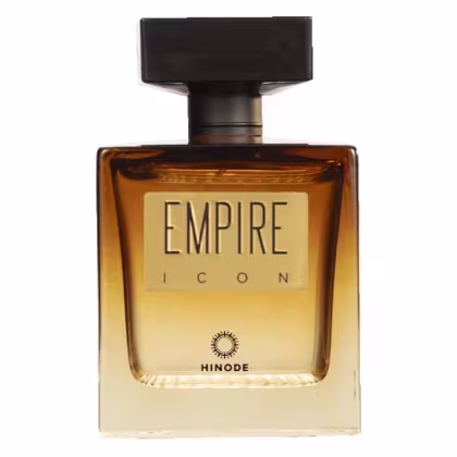 Frasco de perfume da linha Empire Icon da Hinode, com embalagem de vidro âmbar e rótulo preto destacando o nome "EMPIRE" em letras grandes.