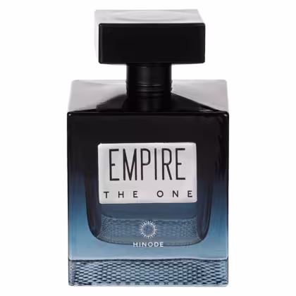 Frasco de perfume preto e azul da linha Empire, da marca Hinode, com rótulo em branco exibindo o nome "The One" em letras grandes.
