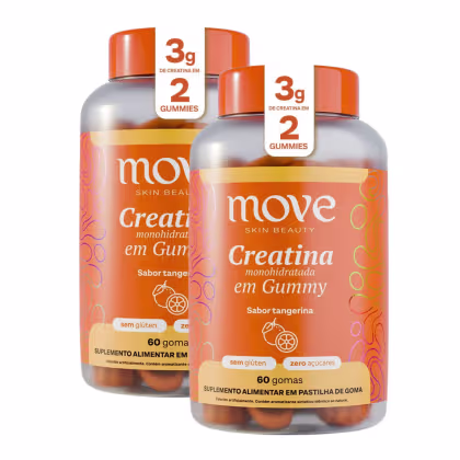 Dois frascos de suplemento alimentar Move Skin Beauty Creatina em Gummy, com sabor de tangerina, contendo 60 gomas cada, sem glúten e zero açúcares, com informações sobre o conteúdo de creatina em destaque na embalagem.