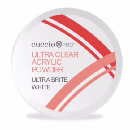O produto apresentado é um pó acrílico ultra claro com a denominação "Ultra Brite White". A embalagem é um recipiente circular branco com detalhes em vermelho, contendo o logotipo da marca e informações sobre o produto.