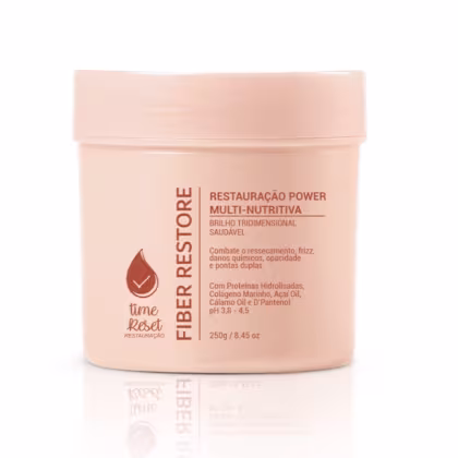 Máscara capilar da marca Nuance Professional, com a designação "Fiber Restore". O texto indica que se trata de um tratamento de restauração power multi-nutritivo, com propriedades de brilho tridimensional e suavidade.