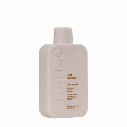 Condicionador da marca Nuance Professional, com o nome "Pró Impact" impresso no rótulo. A embalagem é um frasco plástico de cor bege clara, com capacidade de 450ml.