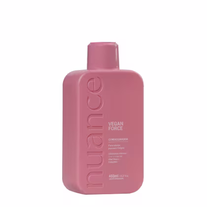 Condicionador da linha Vegan Force da marca Nuance Professional. O frasco é de cor rosa, com o nome da marca e da linha impressos na embalagem.  O tamanho do frasco é de 450ml.