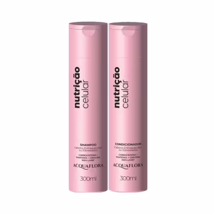 Dois frascos rosados de 300ml da linha Nutricão Celular da Acquaflora, contendo shampoo e condicionador para cabelos enfraquecidos ou estressados, com rótulos em preto e branco.