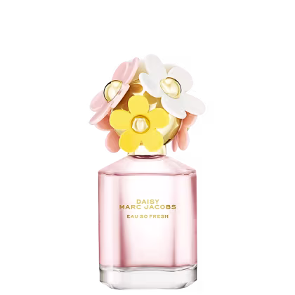 Frasco de perfume Daisy Marc Jacobs Eau So Fresh, com tampa decorada com flores coloridas em tons de rosa, amarelo e branco, em fundo branco.