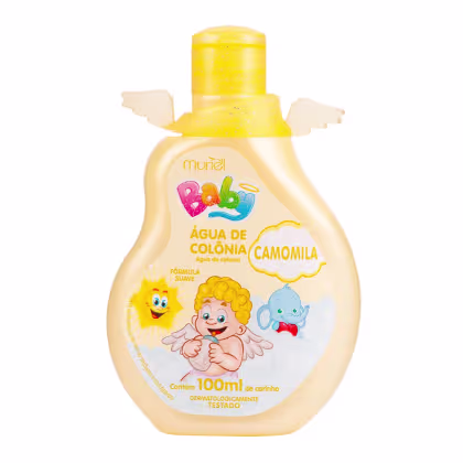 Frasco de água de colônia Muriel Baby com 100ml, com fórmula suave e aroma de camomila. Embalagem amarela com ilustrações de personagens infantis e informações sobre o produto.