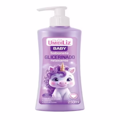 Sabonete glicerinado relaxante da linha Baby da Muriel Umidiliz, em embalagem com bomba dosadora, com ilustração de unicórnio em tons de roxo e rosa.