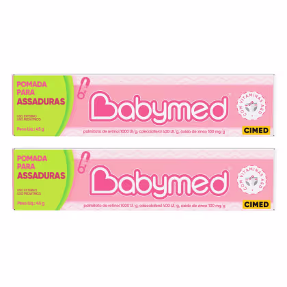 Duas caixas de pomada para assaduras da marca Babymad, com embalagem rosa e verde, contendo informações sobre os ingredientes e indicações de uso pediátrico.