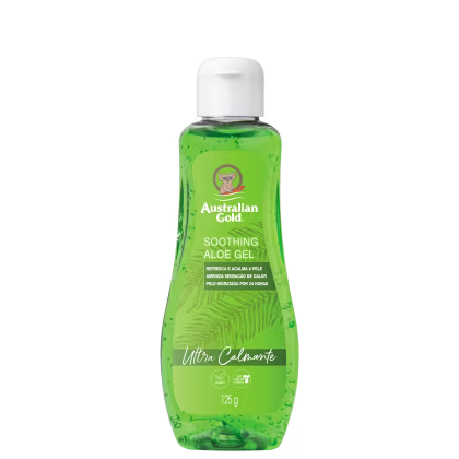 Gel de aloe vera calmante em frasco plástico transparente verde com tampa branca.  "Refresca e acalma a pele", "Ameniza sensação de calor", "Pele hidratada por 24 horas". Imagem de folha de palmeira estilizada.