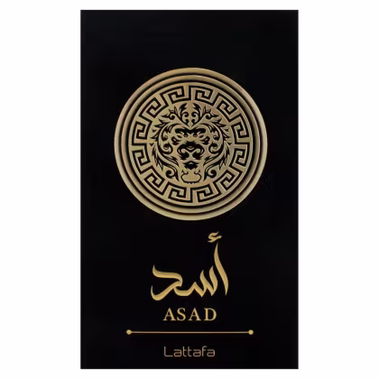 Perfume da Lattafa Perfumes com caixa preta, exibindo o nome "ASAD" em letras douradas.