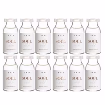 Doze frascos de vidro transparente com tampas brancas, contendo um produto de beleza da marca Braé chamado "Soul Color".
