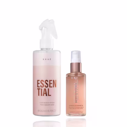 Dois produtos de beleza da marca Braé: um frasco de spray para reparação capilar "Essential" e um frasco de óleo "Gorgeous Shine Oil", ambos em embalagens com cores claras e detalhes em dourado.