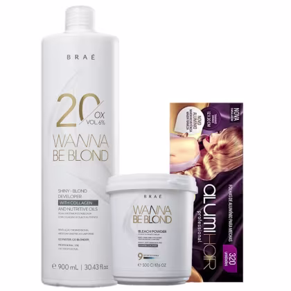 O conjunto de produtos Braé inclui um frasco branco de 900 ml de "Wanna Be Blond" com 20 volumes de peróxido, um pote branco de "Wanna Be Blond" bleach powder, e uma caixa roxa de "Alumihair" coloração.