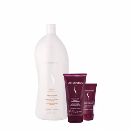 Conjunto de produtos Senscience, incluindo um frasco branco de shampoo Purify, Moisture Lock Leave-In e um tubo vermelho de máscara Inner Restore Intense Moisturizing.