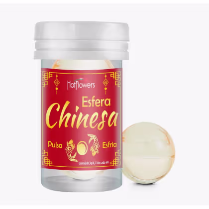 A imagem mostra o pote do Óleo Térmico Hot contendo esferas que são cápsulas de óleo chamadas Esferas Chinesas da marca HotFlowers.