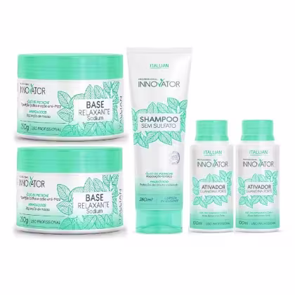 Produtos de cuidados capilares da marca Itallian Hairtech, incluindo um pote de base relaxante, um frasco de shampoo sem sulfato, e dois frascos de ativador de guanidina forte, todos com embalagens verdes e detalhes em folhas.