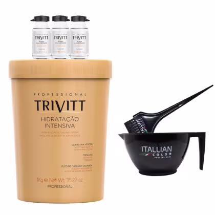 Três frascos de soro capilar Trivitt, com rótulos brancos e pretos, em uma embalagem de plástico amarela com o nome "Trivitt Hidratação Intensiva". Também há um recipiente preto da marca Itallian Color com um aplicador.