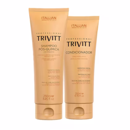 Dois produtos da linha Trivitt da Itallian Hairtech: um frasco de shampoo pós-química de 250ml e um tubo de condicionador de 200ml, ambos com embalagens em tons de laranja e amarelo.