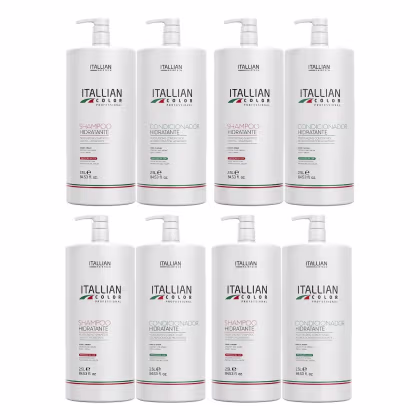 Quatro frascos de shampoo e quatro de condicionador hidratante da linha Itallian Color Professional, com embalagens brancas e rótulos em vermelho, verde e branco, apresentando informações sobre os produtos.