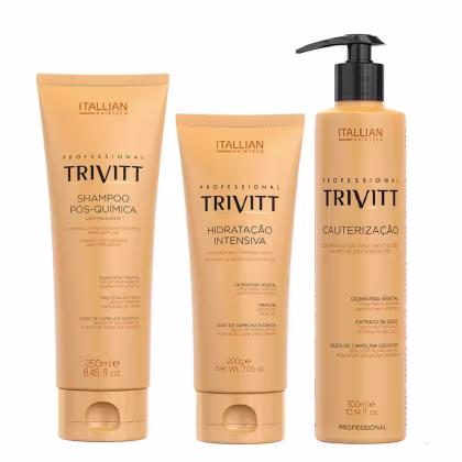 Três produtos da marca Itallian Hairtech: shampoo pós-química, creme hidratante intensivo e tratamento de cauterização, em embalagens de plástico com design minimalista em tons de amarelo e preto.