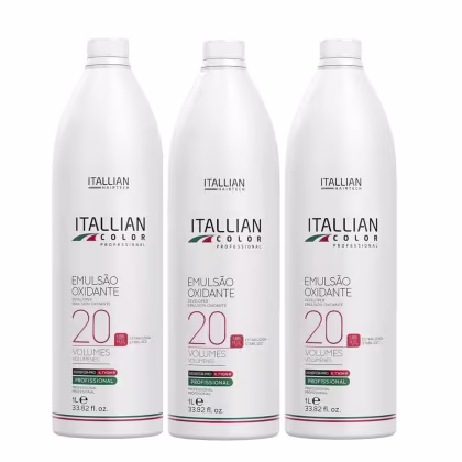Três frascos brancos da linha Itallian Color Professional, contendo Emulsão Oxidante 20 volumes. Cada frasco possui rótulo com a marca Itallian Hairtech e informações sobre o produto.
