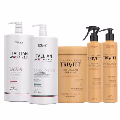 Conjunto de produtos de cabelo da marca Itallian Hairtech, incluindo shampoo, condicionador, creme de hidratação intensiva e sprays de tratamento, em embalagens brancas e pretas com detalhes em vermelho e amarelo.