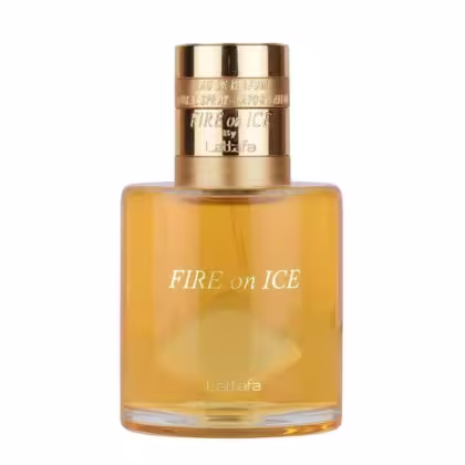 Frasco de perfume dourado da marca Lattafa, com rótulo destacando o nome "Fire on Ice". O produto é apresentado em embalagem cilíndrica com tampa dourada, exibindo informações sobre o tipo de perfume e a marca.