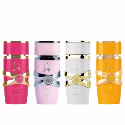 Quatro frascos de perfume da marca Lattafa, em cores rosa, lilás, branco e laranja, com detalhes dourados e rótulos com o nome da marca e da fragrância "Yara".