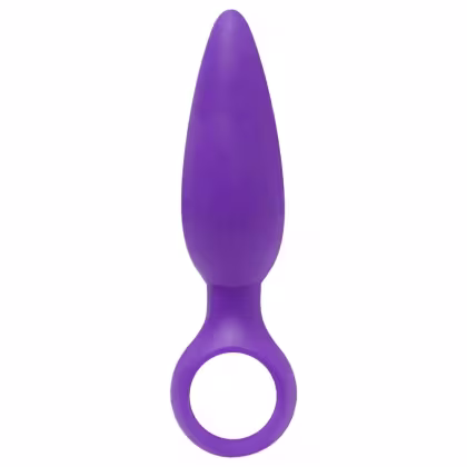 Plugue anal de silicone de cor roxa, com formato cônico e anel na base. Produto de beleza da marca Aine, destinado a uso íntimo.