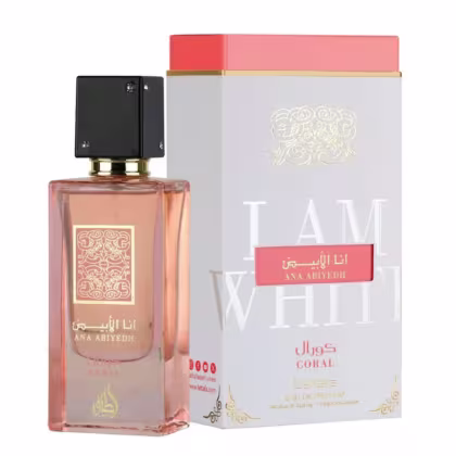 Frasco de perfume Lattafa Perfumes Ana Abiyedh, com embalagem branca e detalhes dourados, contendo 60 ml de perfume de aroma floral com notas de coral.