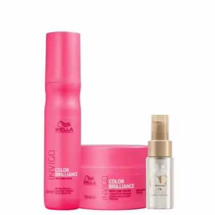 Produtos Wella Professionals: shampoo Invigo Color Brilliance, leave-in Invigo Color Brilliance e óleo Reflections Light, com rótulos e embalagens característicos da marca.