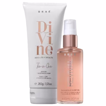 O produto de beleza Braé apresenta um frasco de óleo brilhante com rótulo em tom rosado e uma embalagem de creme para cabelos em branco, com texto em letras cursivas. Ambos os produtos exibem a marca Braé em destaque.