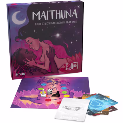 O produto apresentado é um jogo erótico chamado "Maithuna", indicado para adultos acima de 18 anos. A embalagem é uma caixa com ilustrações em tons escuros de roxo e rosa, retratando uma cena íntima entre duas pessoas.