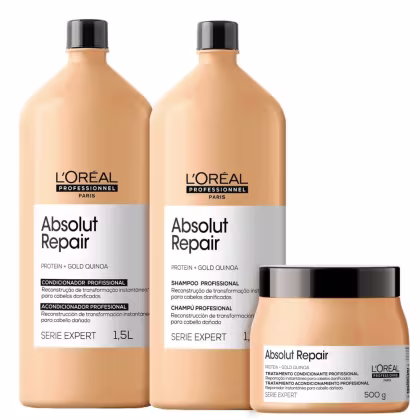 Produtos de tratamento capilar da linha Absolut Repair da L'Oréal Professionnel. Dois frascos plásticos grandes de 1,5 litros na cor bege, um contendo shampoo e outro condicionador. Um pote plástico menor de 500g na mesma cor bege.