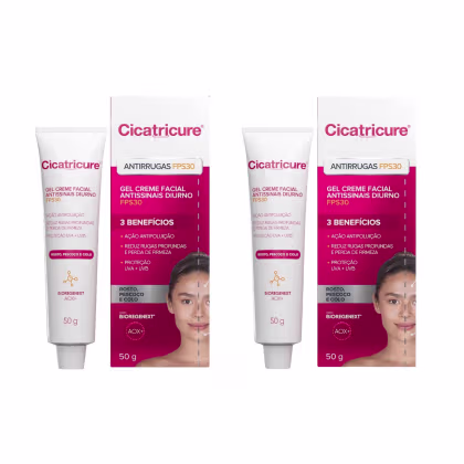 Dois tubos de gel creme facial antissínais diurno Cicatricure FPS30, com ação antipoluição, redução de rugas profundas e proteção UV. Embalagem em caixa rosa com detalhes em branco e texto informativo sobre os benefícios do produto.