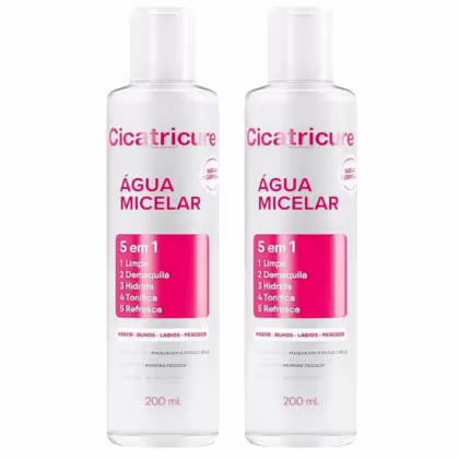 Dois frascos de Água Micelar Cicatricure, 5 em 1, com 200 ml cada, em embalagem branca com detalhes em rosa, destacando as funcionalidades do produto.