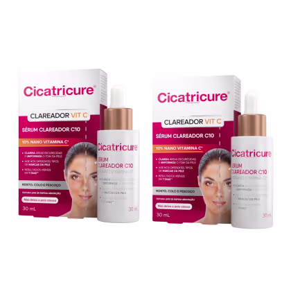 Dois frascos de soro Cicatricure Clareador Vit C, com 10% de nano vitamina C, para clarear áreas escurecidas e uniformizar a pele. Embalagens brancas com detalhes em rosa e dourado, contendo 30 ml cada.