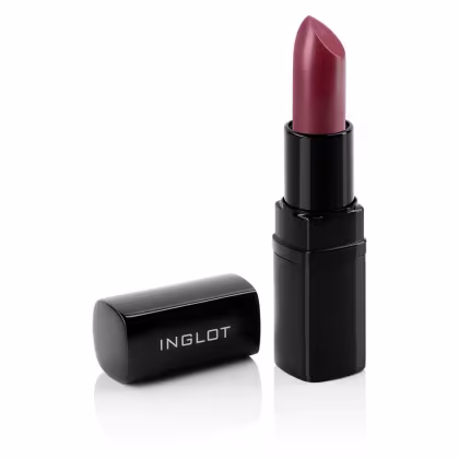 Batom vermelho escuro da marca INGLOT em embalagem preta com logotipo. O produto possui formato cilíndrico e ponta arredondada, com acabamento fosco.