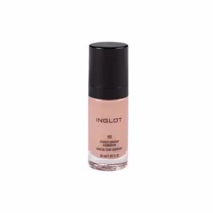 Frasco de base Inglot HD Perfect Coverup Foundation, com tampa preta e corpo em tom rosado, contendo 30 ml de produto.