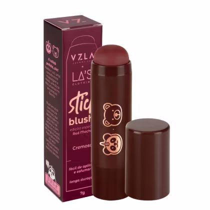 Stick blush da marca Vizzela Cosméticos. Embalagem em formato de bastão, na cor vinho-marrom.