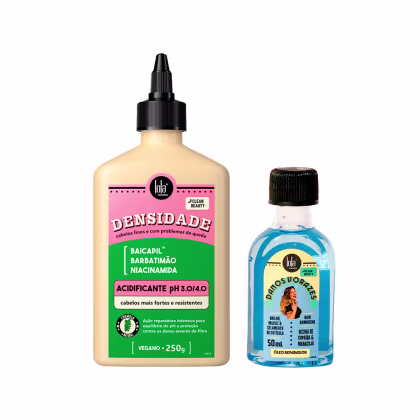 A imagem mostra 2 produtos de Lola From Rio, um acidificante de frasco retangular com tampa em formato de bico dosador e um frasco menor azul do óleo danos vorazes.