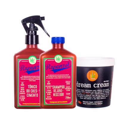 A imagem mostra 3 produtos de Lola From Rio: dois frascos retangulares marrons com rótulo vermelho da linha rapunzel, sendo um tônico e um shampoo e um pote redondo da máscara dream cream.