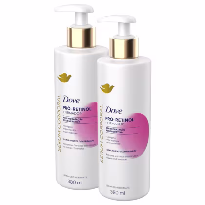 Dois frascos brancos de 380 ml da linha Dove Pró-Retinol + Firmador, com bombas doseadoras douradas. Os rótulos apresentam o nome da marca Dove e informações sobre os benefícios do produto, como hidratação regenerativa e recuperação da firmeza da pele.