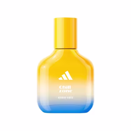 Frasco de perfume Adidas Vibes Chill Zone, com design ombré em tons de amarelo e azul, exibindo o logotipo da marca. O recipiente possui formato cilíndrico e tampa destacada.